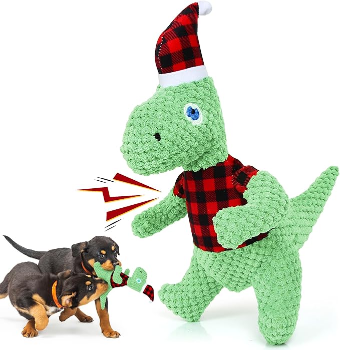 Christmas Dog Toys, Plush Stuffed Green Dinosaur Animals Toy, Squeaky Dog for Small Dogs, Interactive Dog Toys for Tug-of-War