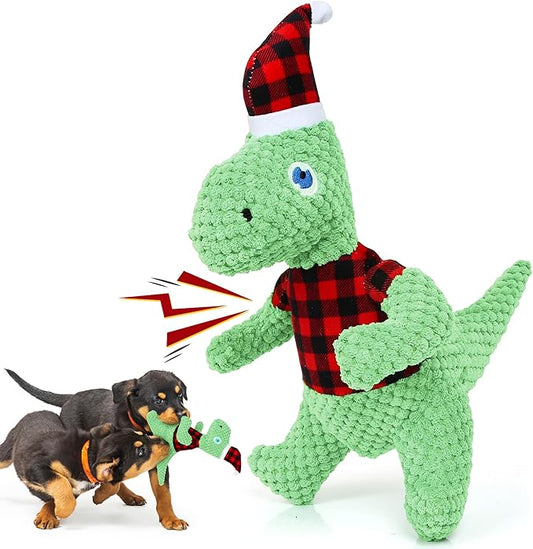 Christmas Dog Toys, Plush Stuffed Green Dinosaur Animals Toy, Squeaky Dog for Small Dogs, Interactive Dog Toys for Tug-of-War