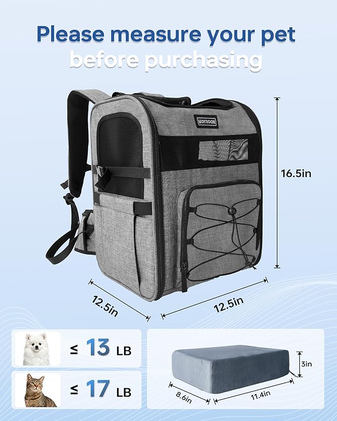 Hiking Dog Carrier Backpack, Padded Height-Enhancing Design, Adjustable Waist Cushioning Belt with Breathable Padded Back Support, Dog Carrier Backpack for Small Dogs Max 13LB Grey with Pad