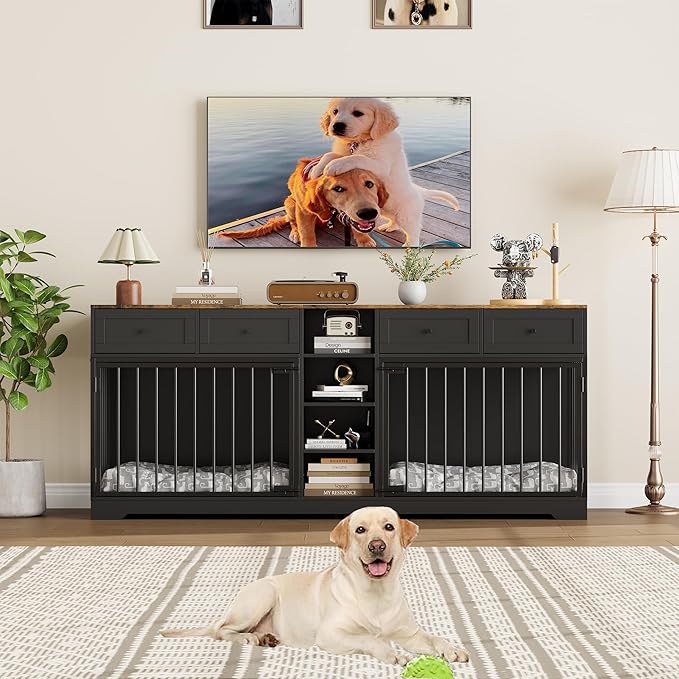 82??Double Dog Crate Furniture, Large Dog Kennel Indoor for 2 Dogs, Heavy Duty Wooden Dog Crate TV Stand with 4 Drawers and Shelves, Black