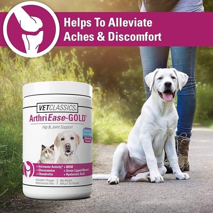 Vet Classics ArthriEase-Gold Hip & Joint Support for Dogs, Cats– Pet Health Supplement Powder – Alleviates Aches, Discomfort – For Flexibility, Healthy Joint Function – Antioxidants – 1 Lb.