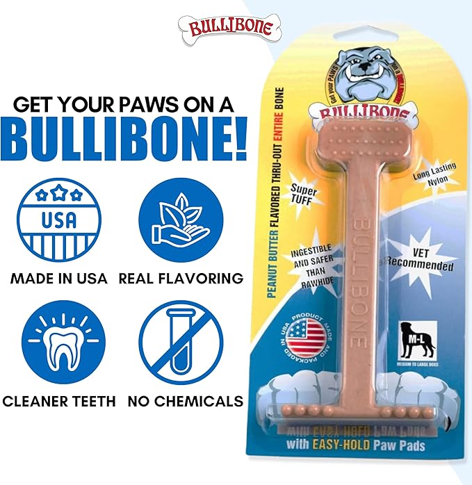 Bullibone Nylon Dog Chew Toy Nylon Bone - Improves Dental Hygiene, Easy to Grip Bottom, and Permeated with Flavor (Peanut Butter, Small - 2 Pack)