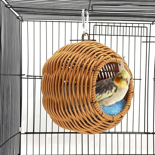 Rattan Bird Nest for Cage，Hanging Parrot Breeding Nesting House Washable Soft Lay Warm Sleep Hut Bird Cage Accessories for Cockatiels Budgerigars Finches Canaries