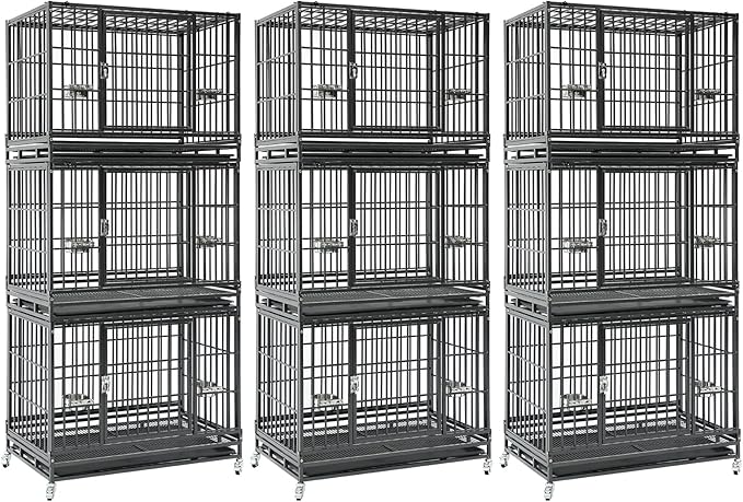 3 Pack Three Tiers 36 Inch Heavy Duty Stackable Dog Crate for Medium Dogs, Indestructible Escape Proof Dog Crate Cage with Bowls & Lockable Wheels, Double Door, Removable Tray and Metal Grids