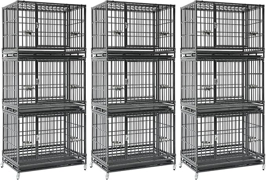 3 Pack Three Tiers 36 Inch Heavy Duty Stackable Dog Crate for Medium Dogs, Indestructible Escape Proof Dog Crate Cage with Bowls & Lockable Wheels, Double Door, Removable Tray and Metal Grids