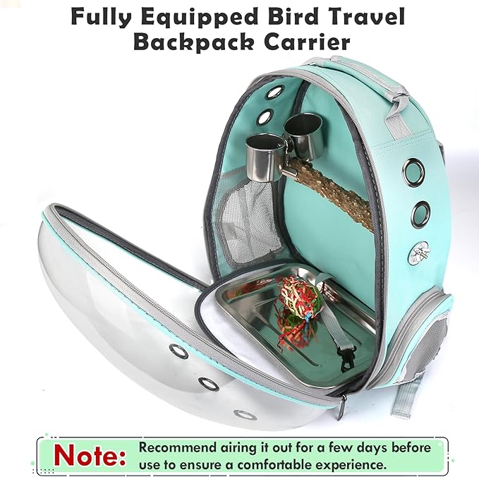 Bird Backpack Carrier with Perch, Portable Bird Travel Cage Bag, Clear Parrot Carrier Cockatiel Cage with Toy Stainless Steel Food Bowl Tray for Conures Parakeet Budgie Canary Lovebirds Small Animals