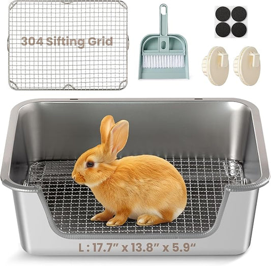 Rabbit Litter Box, Extra Large Bunny Litter Box with 304 Stainless Steel Sifting Tray & Hooks, Rabbit Litter Box, Easy to Clean and Odor Control (17.7" × 13.8" × 5.9")
