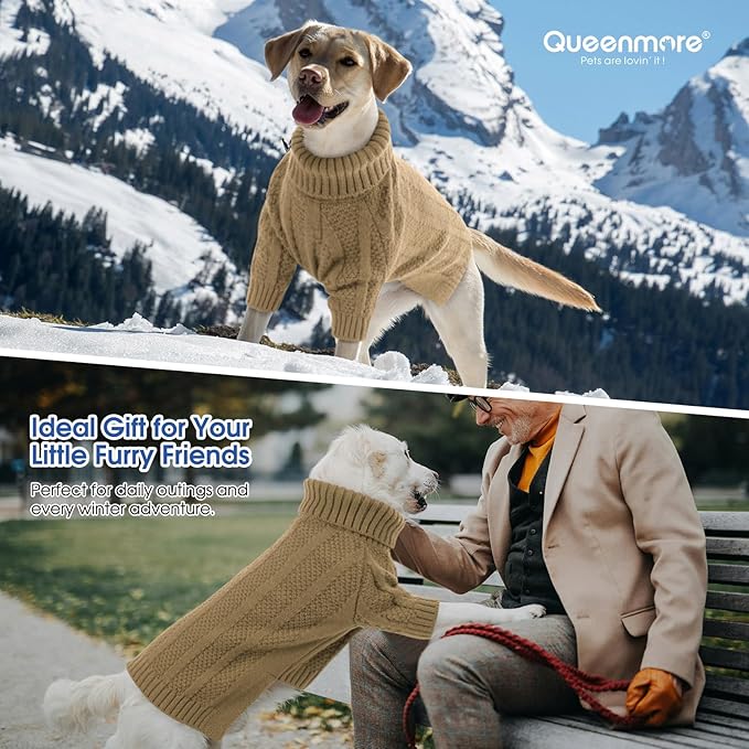 Queenmore Dog Sweater Large Size Dog, Large Dogs Sweaters Xmas,Turtleneck Pullover Pet Sweaters for Dogs Girls Boys,Sweater Pet L,Thanksgiving Knitted Doggy Sweater for French Bulldog(Camel,L)