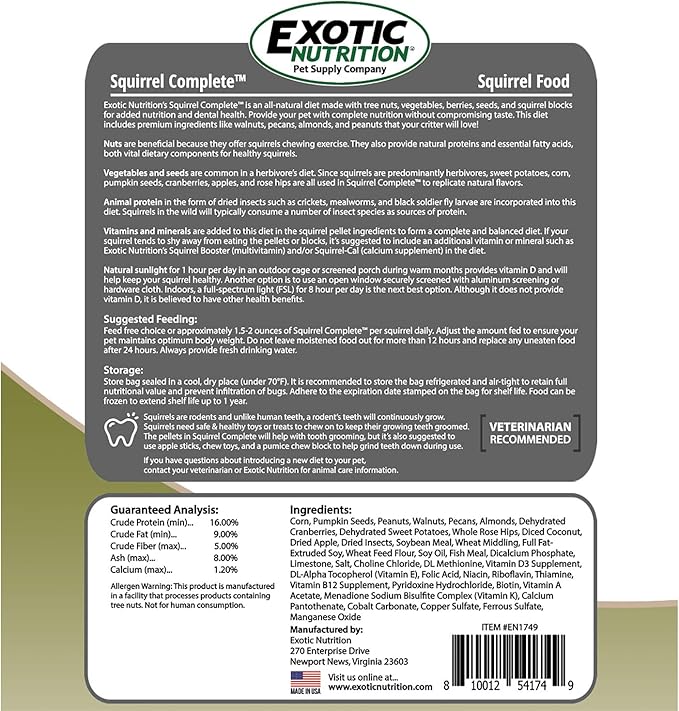 Exotic Nutrition Squirrel Complete (15 lb.) - Healthy Natural Food for Pet & Captive Squirrels - Ground, Grey, and Flying Squirrels, & Chipmunks