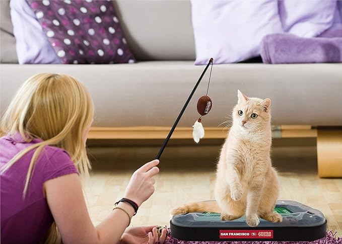 Pets First Cute Cat Toy SAN Francisco 49ERS Football Field CAT Scratcher Toy, Catnip Filled Plush Football Toy & Feather Cat Toy Hanging with Jingle Bell Interactive Ball Cat Chasing 5in1 Kitty Toy