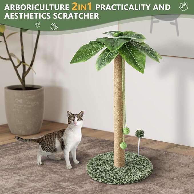 KIGOTY Cat Scratching Post Cat Scratcher, 33 inch Tall Scratching Post with Sisal Rope,Cute Cat Tree with Hanging Interactive Ball, Spring Ball Toys