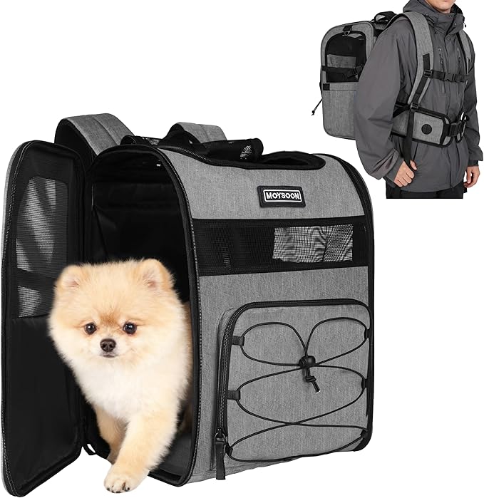 Hiking Dog Carrier Backpack, Adjustable Waist Cushioning Belt with Breathable Padded Back Support, Dog Carrier for Hiking with 5 Pockets, Dog Carrier Backpack for Small Dogs Max 13LB Grey