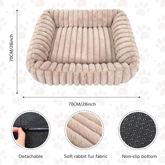 Dog Bed Rectangle, Washable Sleeping Pet Bed, Ultra Soft Puppy Sleeping Mat for Small Dogs and Cats with Anti-Slip Bottom(28×28inch, Camel)