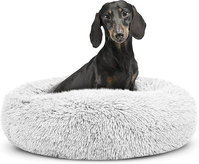 The Dog's Balls Sound Sleep Donut Dog Bed, Small Ice White Fur Calming Nest Bed