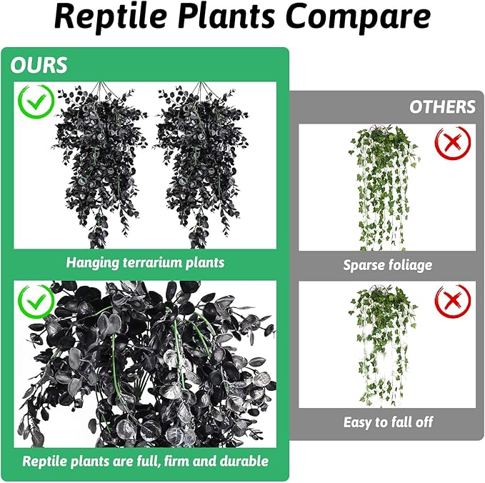 Hamiledyi Reptile Plants, 2 Pack Hanging Terrarium Plants, Artificial Leaves Habitat Decorations with Suction Cup, Fake Amphibian Plants for Bearded Dragon Lizard Hermit Crab Geckos Chameleon(Black)