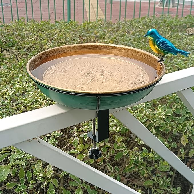 Deck Bird Bath for Outdoors, 11" Green/Bronze Metal Birdbath Bowl with Big Steel Clamp Backyard Birdbath&Bird Feeder for Railing Balcony Fence Yard Art Garden Decor