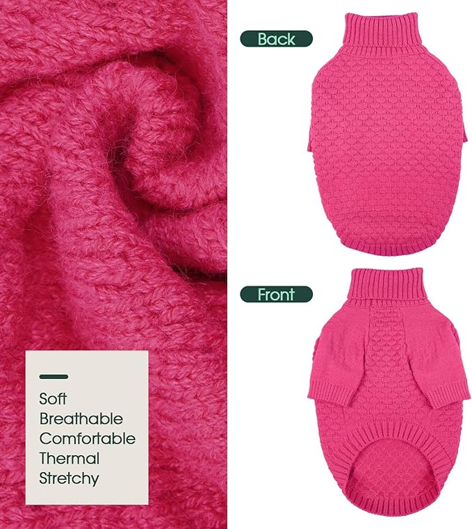 Kuoser XS Dog Sweater, Warm Winter Fall Puppy Sweaters for Extra Small Dogs Boy Girl, Solid Pullover Turtleneck Knit Sweater Thick Long Sleeve Clothes for Christmas Holiday, Rose XS