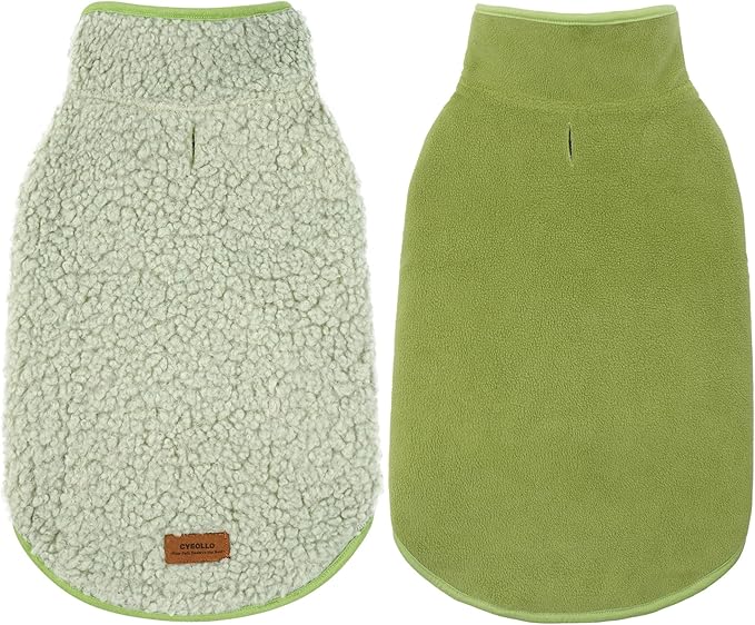 cyeollo Warm Dog Coat Fleece Sherpa Winter Sweater Coats, Turtleneck Dog Jacket Vest for Small Medium Large Dogs with Leash Hole, Soft Reversible Pet Coats for Cold Weather, Green, S