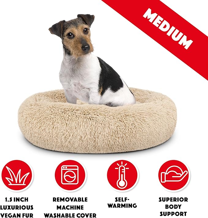 The Dog’s Bed Sound Sleep Donut Dog Bed, Med Dog Beige Fur Calming Nest Bed