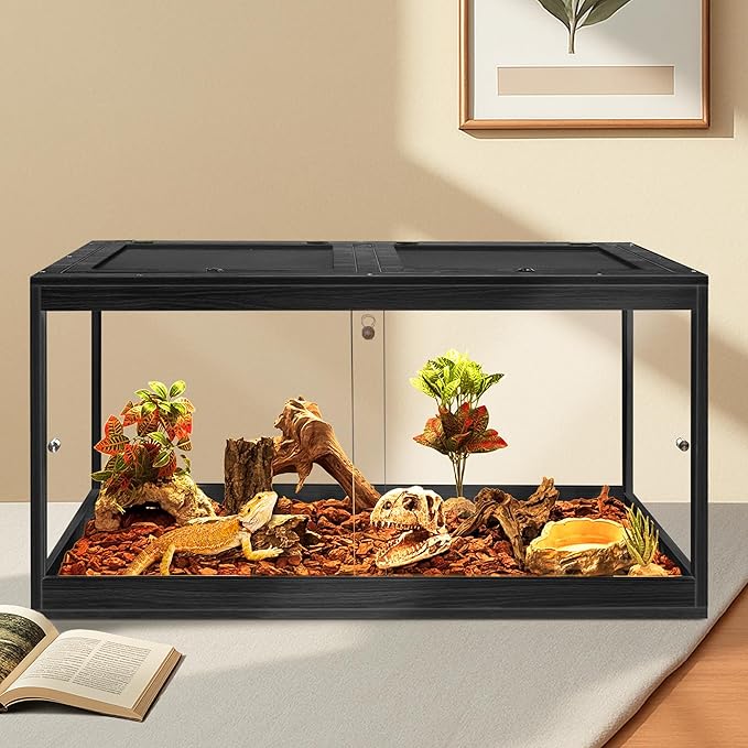 Prolee Tempered Glass Beard Dragon Tank 37 Gallons,Reptile Encloure and Snake Tank with Metal Mesh Roof Door,Locking Design Reptile Tank for Lizard,Gecko,Chameleon (32"X16"X16",Black)