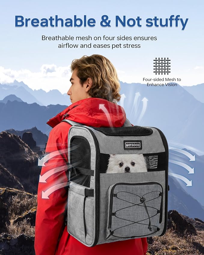 Hiking Dog Carrier Backpack, Adjustable Waist Cushioning Belt with Breathable Padded Back Support, Dog Carrier for Hiking with 5 Pockets, Dog Carrier Backpack for Small Dogs Max 13LB Grey