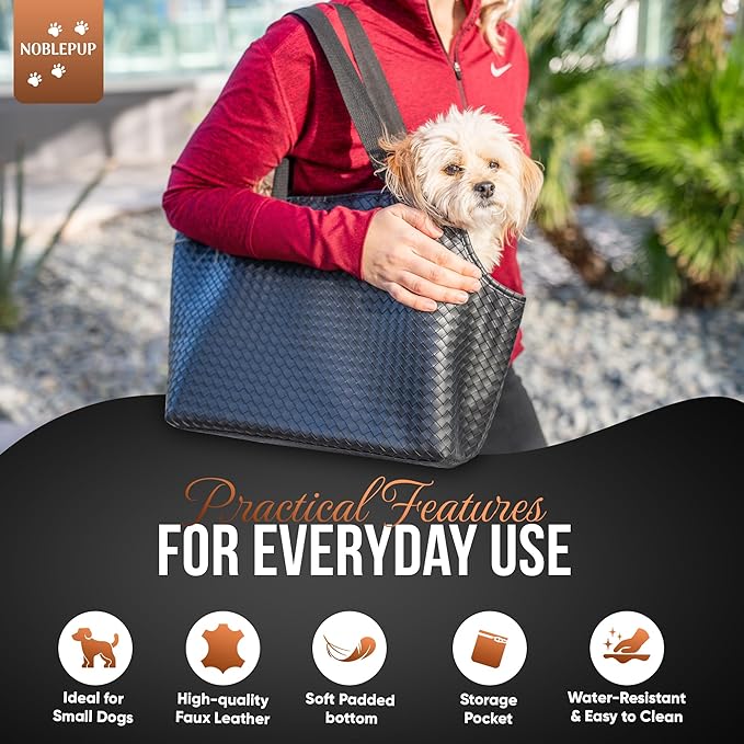 Luxury Woven Dog Purse Carrier for Small Dogs - Cozy Faux Leather, Dog Carrier Purse with Secure Harness Clip, Black Dog Tote Bag for Small Dogs and Puppies