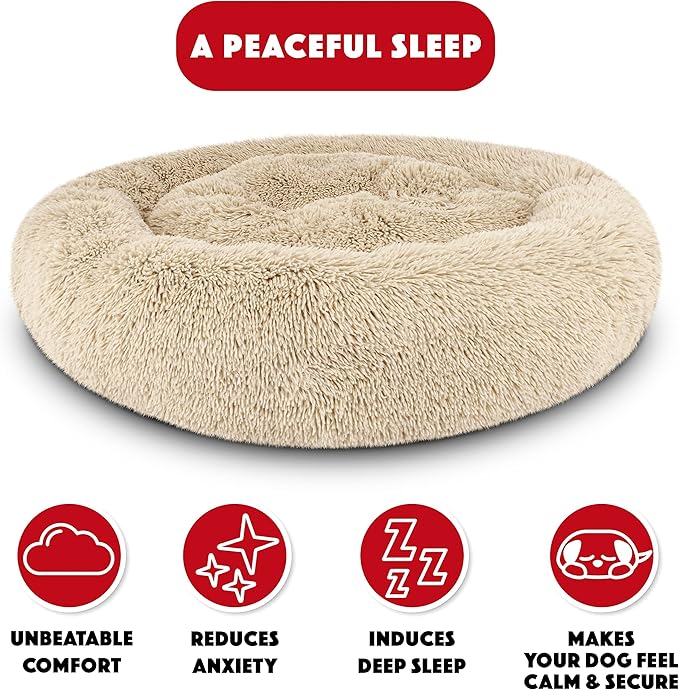 The Dog’s Bed Sound Sleep Donut Dog Bed, Large Dog Beige Fur Calming Nest Bed