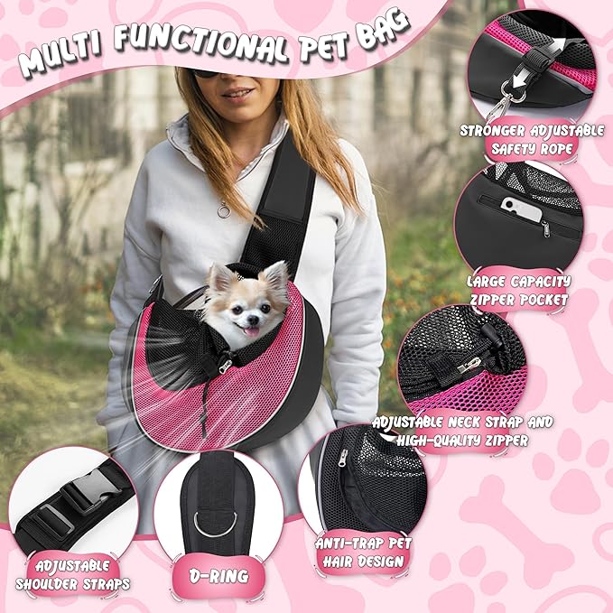 Upgraded Breathable Mesh Dog Sling Carrier for Small Dogs & Cats Up to 10lbs-Detachable Hard Bottom,Adjustable Strap & Large Pocket-Hands-Free Pet Carrier for Women Travel Walking Hiking (Pink Size M)