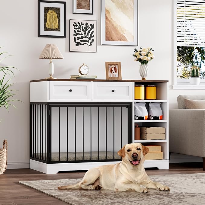 Dog Crate Furniture 47?? Large Dog Crate TV Stand with 2 Drawers and 4 Shelves, Wooden Dog Kennel Indoor, Decorative Dog Cage with Storage for Large Dogs, White