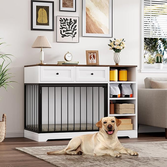 Dog Crate Furniture 47?? Large Dog Crate TV Stand with 2 Drawers and 4 Shelves, Wooden Dog Kennel Indoor, Decorative Dog Cage with Storage for Large Dogs, White