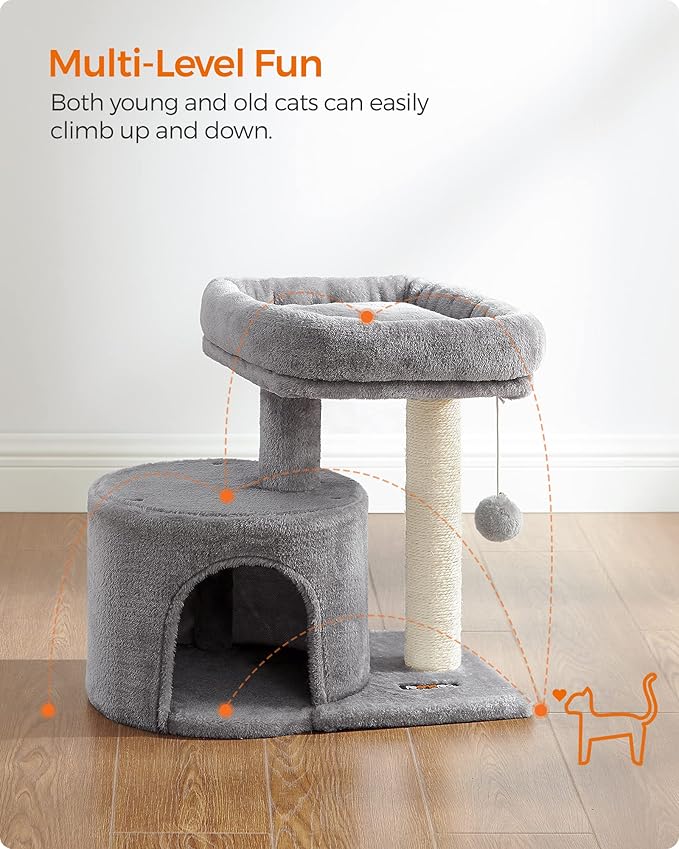 Feandrea Cat Tree Tower with Sisal Scratching Post, Cat Condo with Padded Perch, for Small Spaces, Kittens, Light Gray UPCT50W