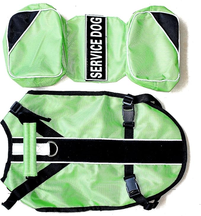 Service Dog Harness, Saddle Bag Backpack Carrier Outdoor Travel Hiking Camping Harness, Removable Saddle Bags and Patches (Green, M Girth 20-24")