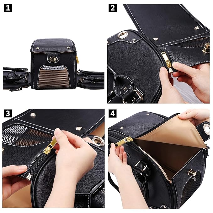 PetsHome Dog Carrier Purse, Pet Carrier, Cat Carrier, Foldable Waterproof Premium PU Leather Pet Travel Portable Bag Carrier for Cat and Small Dog Home & Outdoor Medium Black