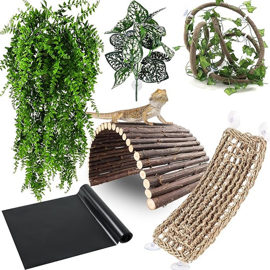 Bearded Dragon Tank Accessories, Reptile Mat Hammock Plants Bridge Jungle Climber Vines Terrarium Decorations for Bearded Dragon Lizard Snake