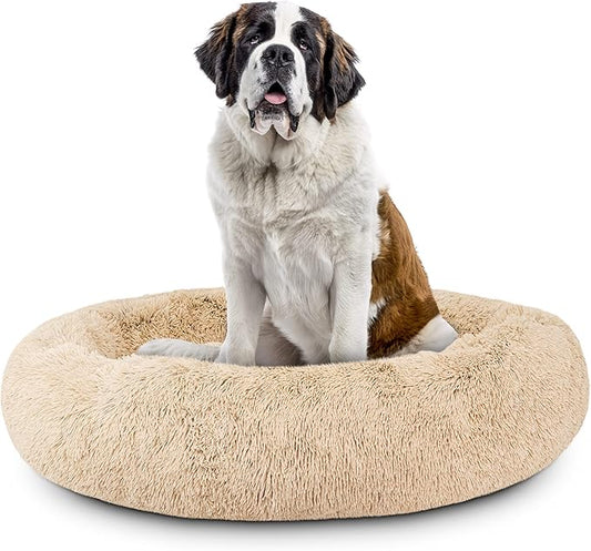 The Dog’s Bed Sound Sleep Donut Dog Bed, XXL Dog Beige Fur Calming Nest Bed Removable Cover