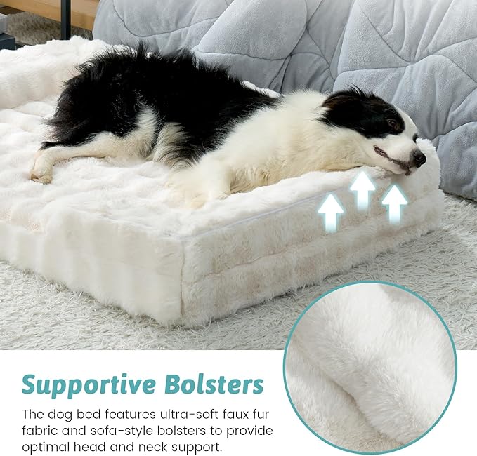 Faux Fur Orthopedic Dog Bed, XL Pet Couch for Large Dog, Big Supportive Foam Bolster Sofa with Waterproof Lining Cover, Anti-Slip, Soft, Warm, Washable, C-Shaped, 44x32x7 inch, Beige