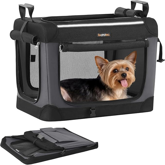 Feandrea Collapsible Dog Crate, 20-Inch Portable Dog Travel Crate for Small Dogs, Oxford Fabric Pet Carrier with 4 Mesh Doors, Handles, Storage Pocket, Water Bottle Holder, Ink Black UPDC015BH02