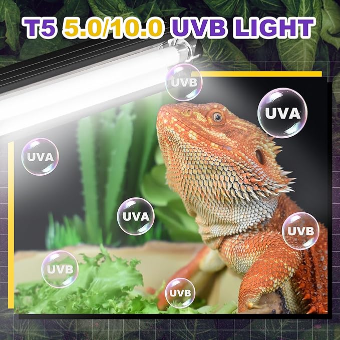 T5 HO UVB Lighting Combo Kit, 39W Reptile Light Fixture with Fluorescent Light Bulbs, Tropical 5.0 UVB Light for Reptiles and Amphibians, Basking Light for Bearded Dragon, High Output Natural Light