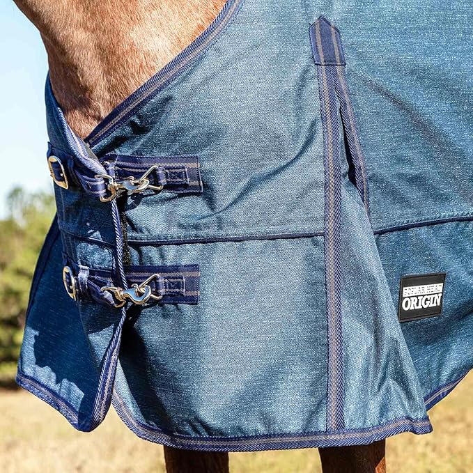 Jeffers Poplar Head 600 Denier Turnout Sheet for Horses, 0g Polyfill, 81"- Waterproof, Windproof Lightweight Horse Blanket, Adjustable Chest Belly Straps, Tail Flap, Stable Blanket - Blue Jean Baby