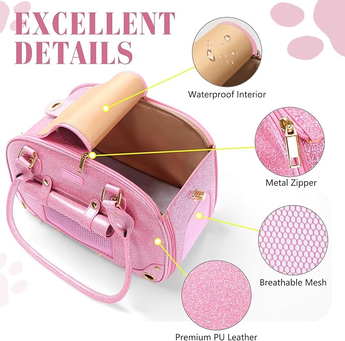 PetsHome Dog Carrier Purse, Pet Carrier, Cat Carrier, Bling Waterproof Premium Leather Pet Travel Portable Bag Carrier for Cat and Small Dog Home & Outdoor Small Bling Pink