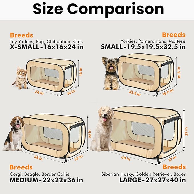 Beatrice Home Fashions Portable, Collapsible, Pop Up Kennel Travel Cat and Dog Crate, 40" L x 27" W x 27" H, Beige