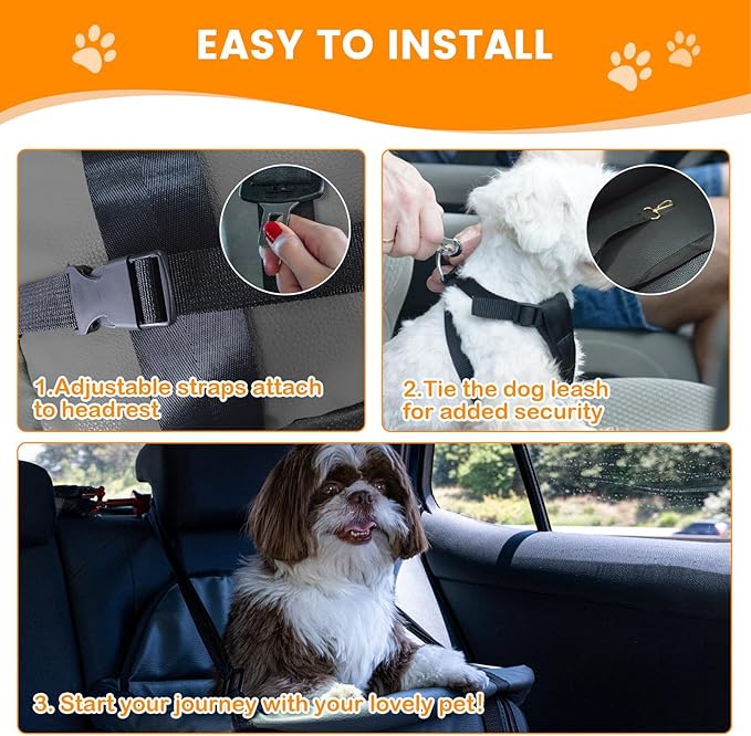 Dog Car Seat for Small Dogs, Large Leather Dog Car Bed with Storage Pocket, Waterproof PVC Leather Booster Seat Travel Bed for Front & Back Seat, Clip-On Safety Leash (Black/Grey)