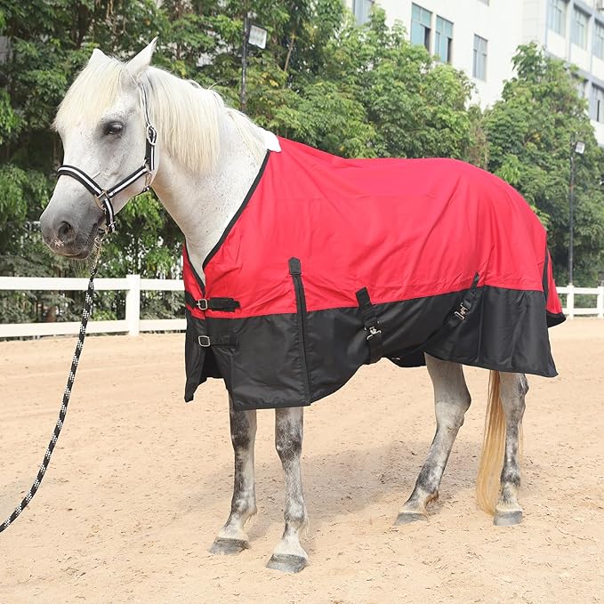 600 Denier Rip-Stop Horse Rain Sheet Lightweight Waterproof and Breathable Turnout Horse Blanket (No Fill) Red/Black 72