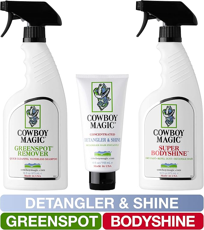 Cowboy Magic Greenspot + SuperBody Shine 16 Ounce each With Detangler & Shine 4 Ounce