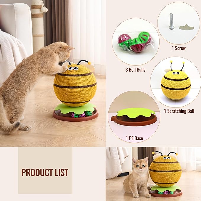 3-in-1 Modern Cat Ball Scratcher & Cat Toys for Indoor Cats/Kittens, Cute Orange/Frog/Bee Design with Bell Ball Track, Natural Sisal Cat Scratching Post, Space-Saving Interactive Cat Scratcher