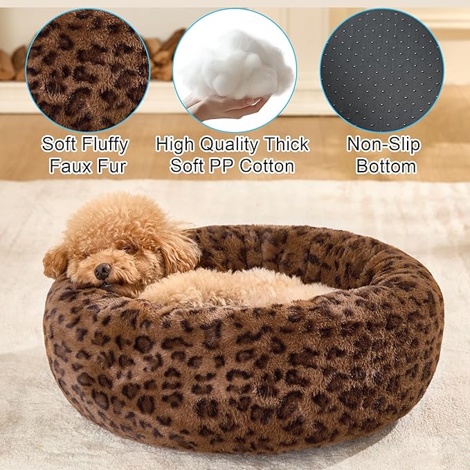 Dog Calming Beds for Small Medium Large Dogs - Round Donut Washable Puppy Dog Bed, Anti-Slip Faux Fur Fluffy Donut Cuddle Anxiety Cat Pet Bed (36" Leopard Print)