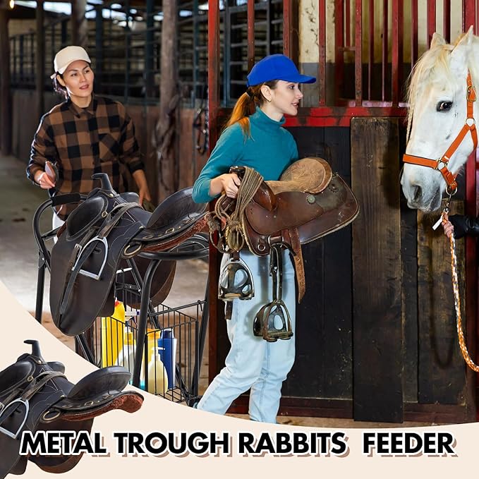 Horse Saddle Tack Cart with Wheels, Rolling Iron Heavy Duty Trailer Organizer with Hooks Foldable Horse Cinch Equipments Stable Storage Tool for Saddle Moving Transport Organizer Supplies