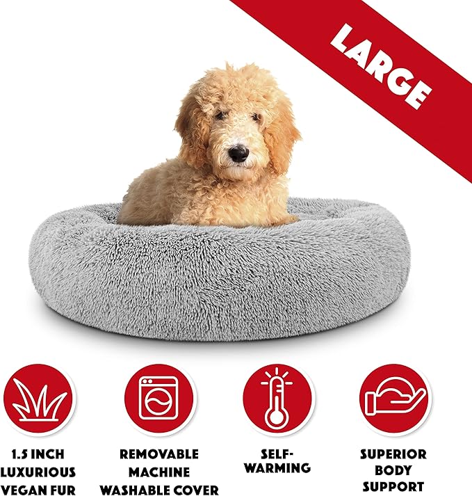 The Dog's Balls Dog Bed, Large Silver Grey Fur Calming Nest Bed