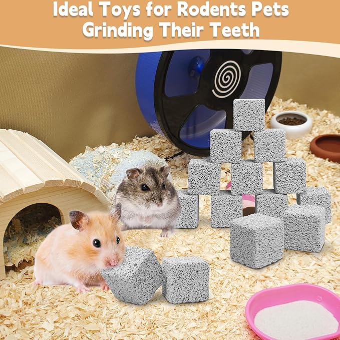 Hamiledyi 24 PCS Chinchilla Chew Toys Lava Blocks Hamster Chew Toys for Teeth Grinding Square Stone Mineral Calcium Stone for Bunny Rabbit Hamster Chinchillas Squirrel and Other Small Animals