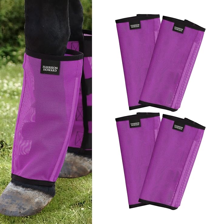 Harrison Howard Loose Fitting Fly Boots UV-Protective Extra Tough Mesh Ventilated Four Fasteners Stay-on Design Protect Horse Legs & Stomp-Reducing Set of 4 Purple Yearling